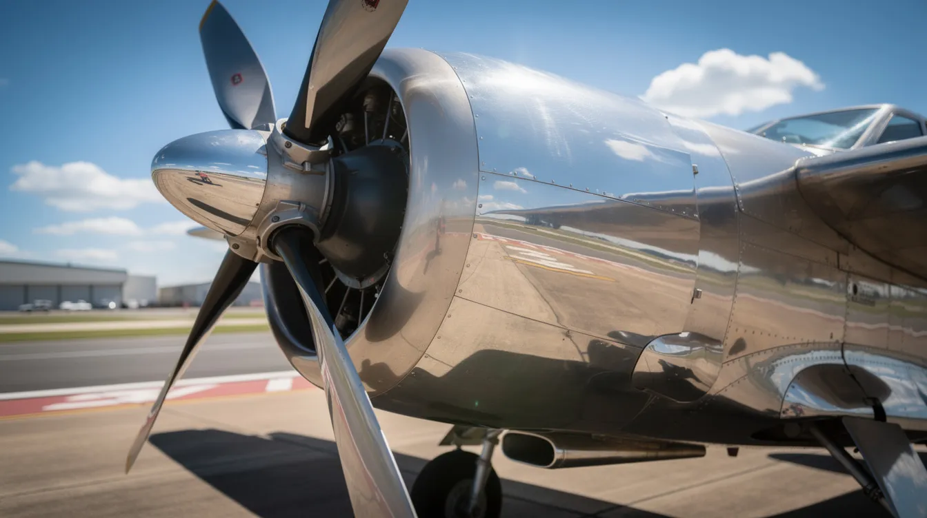 A close-up view of a polished aircraft propeller and engine cowling gleams under the sunlight on a tarmac, showcasing the advanced avionics and powerful engines of a high performance single engine aircraft. This image captures the essence of modern aviation technology, emphasizing reliability and exceptional fuel efficiency for pilots flying safely.