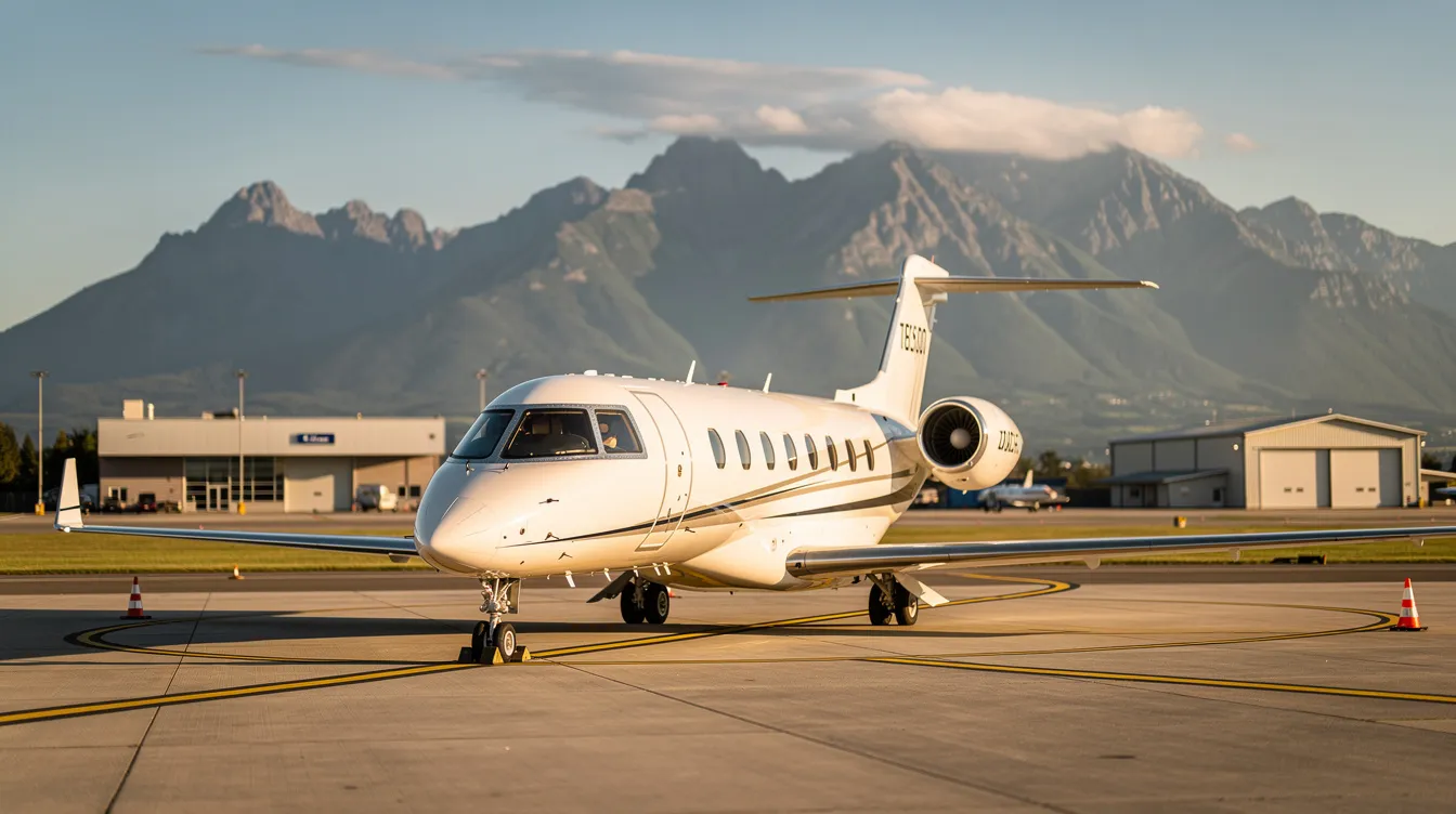 A small private jet, resembling a Cessna Citation Mustang, is parked on the tarmac of a regional airport, with picturesque mountains in the background. This very light jet showcases advanced technology and efficient engines, making it an appealing choice for private flying and short-range flights.