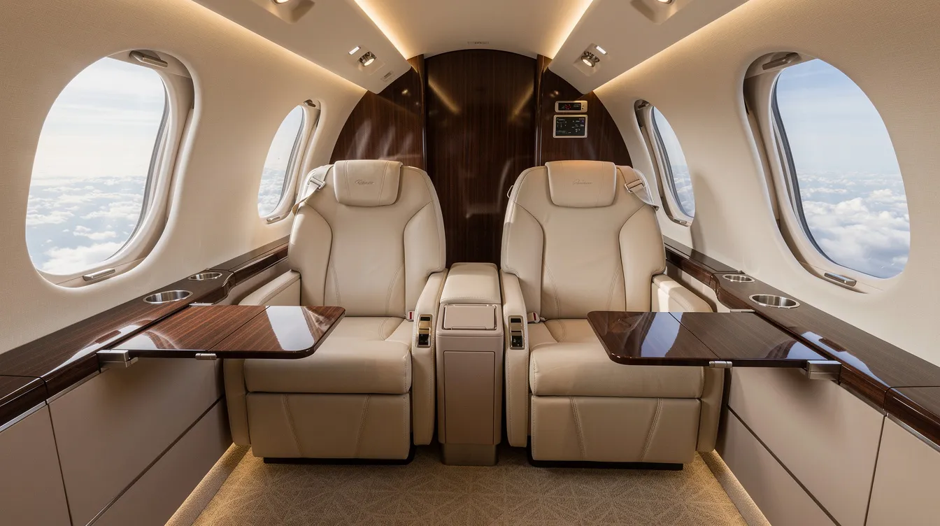 The image depicts the interior of a compact luxury jet cabin featuring cream leather seats arranged in a club configuration, complemented by large oval windows that enhance the spacious cabin feel. This design is characteristic of very light jets, providing a comfortable and stylish environment for private flight.