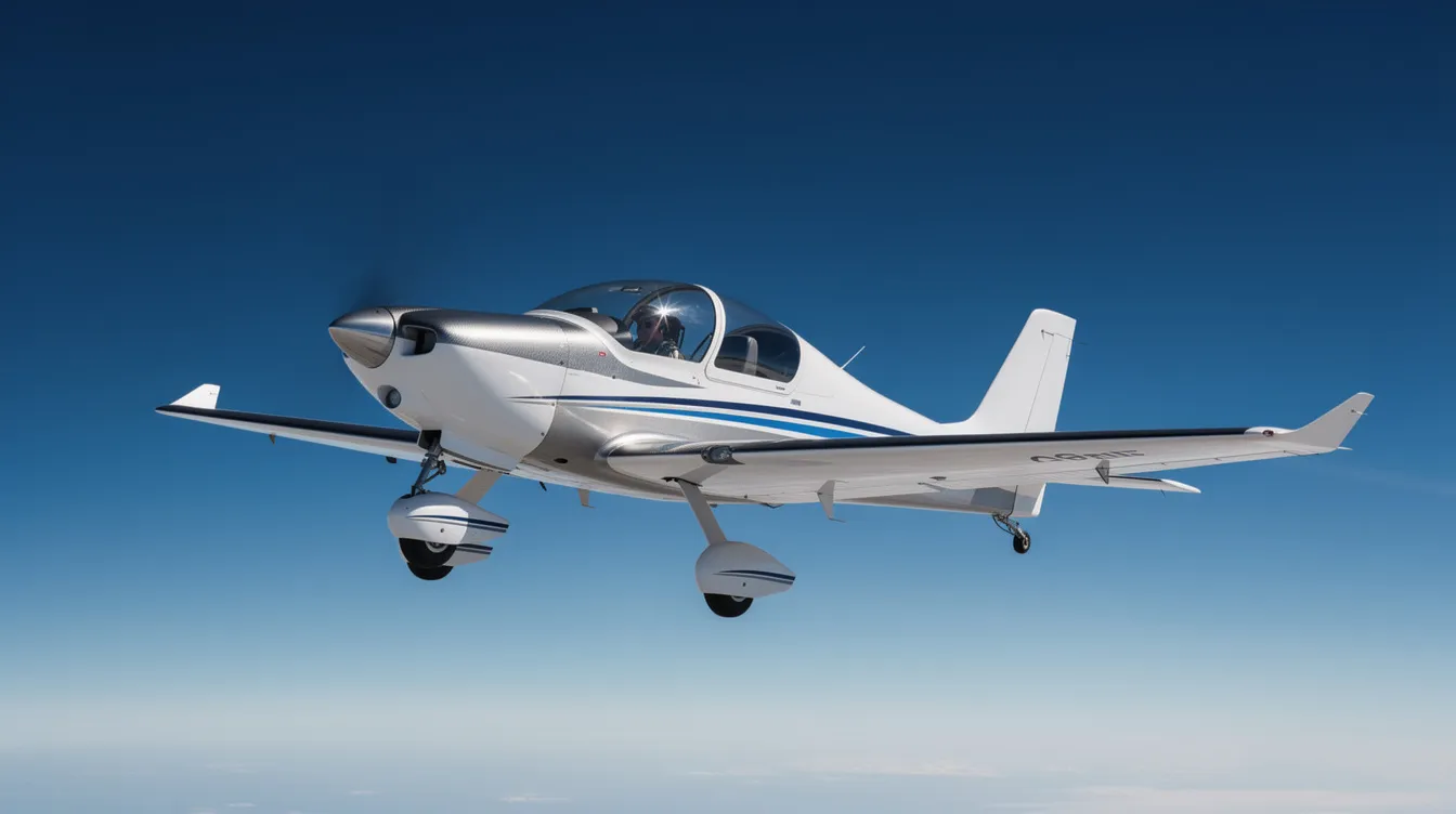 A sleek composite two-seat light sport aircraft is soaring gracefully against a clear blue sky, showcasing its streamlined design and impressive flight performance. This ultralight aircraft exemplifies the freedom of microlight aviation, perfect for sport pilots seeking adventure in uncontrolled airspace.