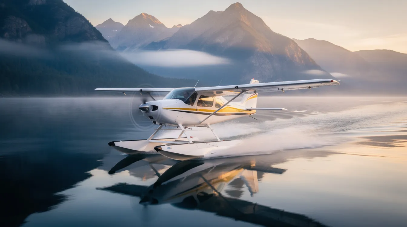 An amphibious light sport aircraft is taking off from a calm lake, with picturesque mountains in the background. This ultralight aircraft showcases its flight performance as it ascends, embodying the spirit of microlight aviation.