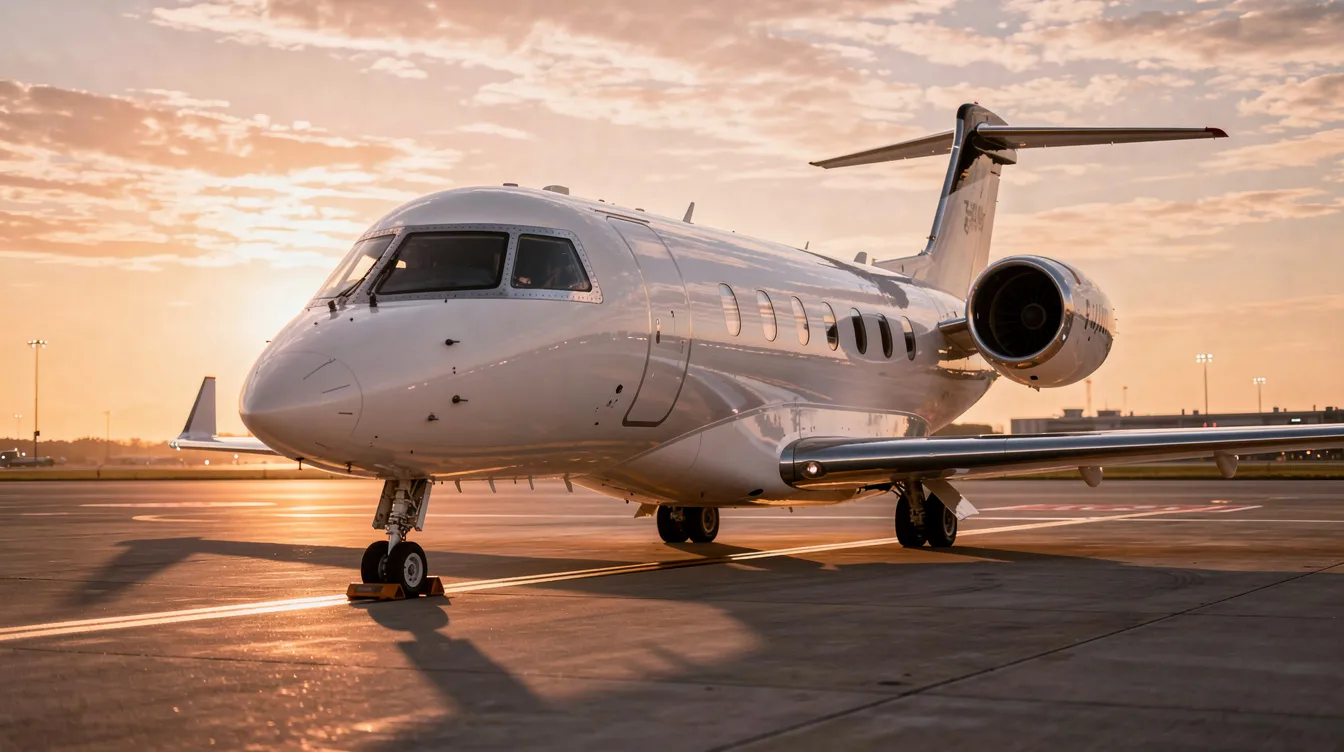 A sleek modern private jet is parked on a tarmac, bathed in warm golden light during sunset, showcasing its elegant design and advanced features. This ultralight aircraft represents the pinnacle of aviation luxury and performance, ideal for those aspiring to own an aircraft with exceptional flight capabilities.