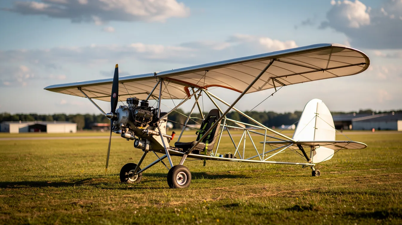An open-cockpit ultralight aircraft, featuring an exposed tube-and-fabric frame, is parked on a grassy airstrip, showcasing its lightweight design typical of microlight aviation. This single-seater, designed for flight performance, emphasizes the essence of ultralight aircraft, perfect for those interested in flying with their own aircraft.