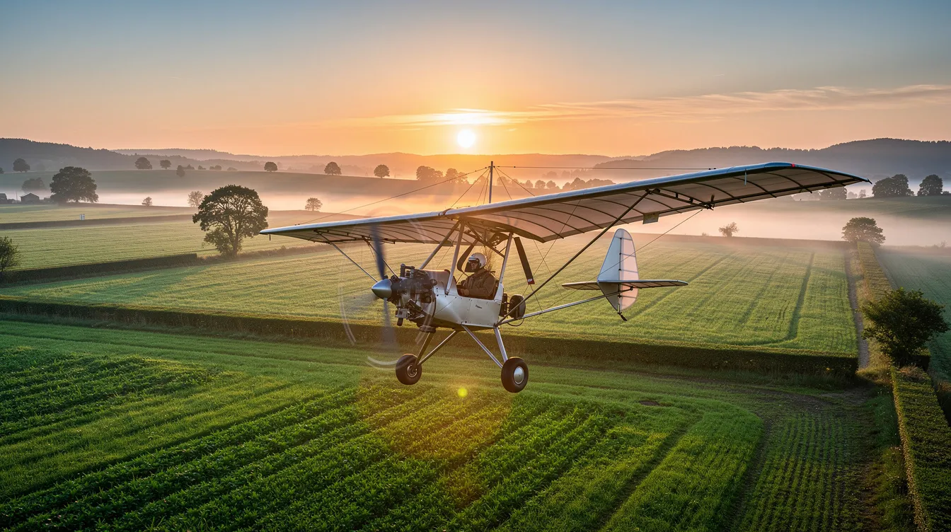 A small single-seat ultralight aircraft is flying low over lush green farmland during sunrise, showcasing the beauty of ultralight aviation in the early morning light. The aircraft, designed for sport pilots, glides effortlessly through the air, emphasizing the freedom and adventure of flying an ultralight.
