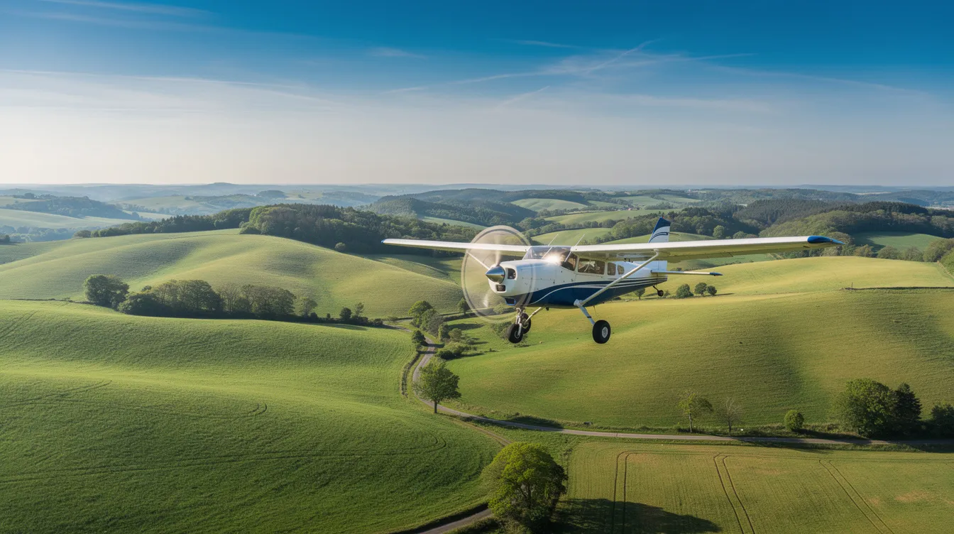 A small single-engine propeller airplane, representative of general aviation aircraft, is soaring over lush green rolling hills on a clear day, showcasing its sleek design and impressive performance. The aircraft, ideal for private pilots and flight training, exemplifies the beauty of flying in the open skies.