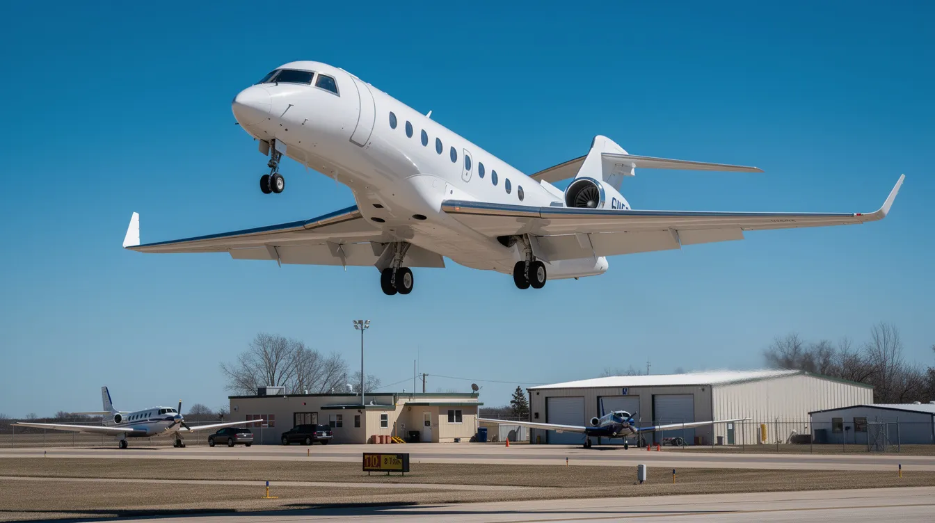 A sleek private jet is ascending into a clear blue sky above a small regional airport, showcasing the impressive performance and advanced avionics systems typical of modern general aviation aircraft. This scene highlights the aircraft's powerful engine and fuel efficiency, ideal for private pilots and flight training.