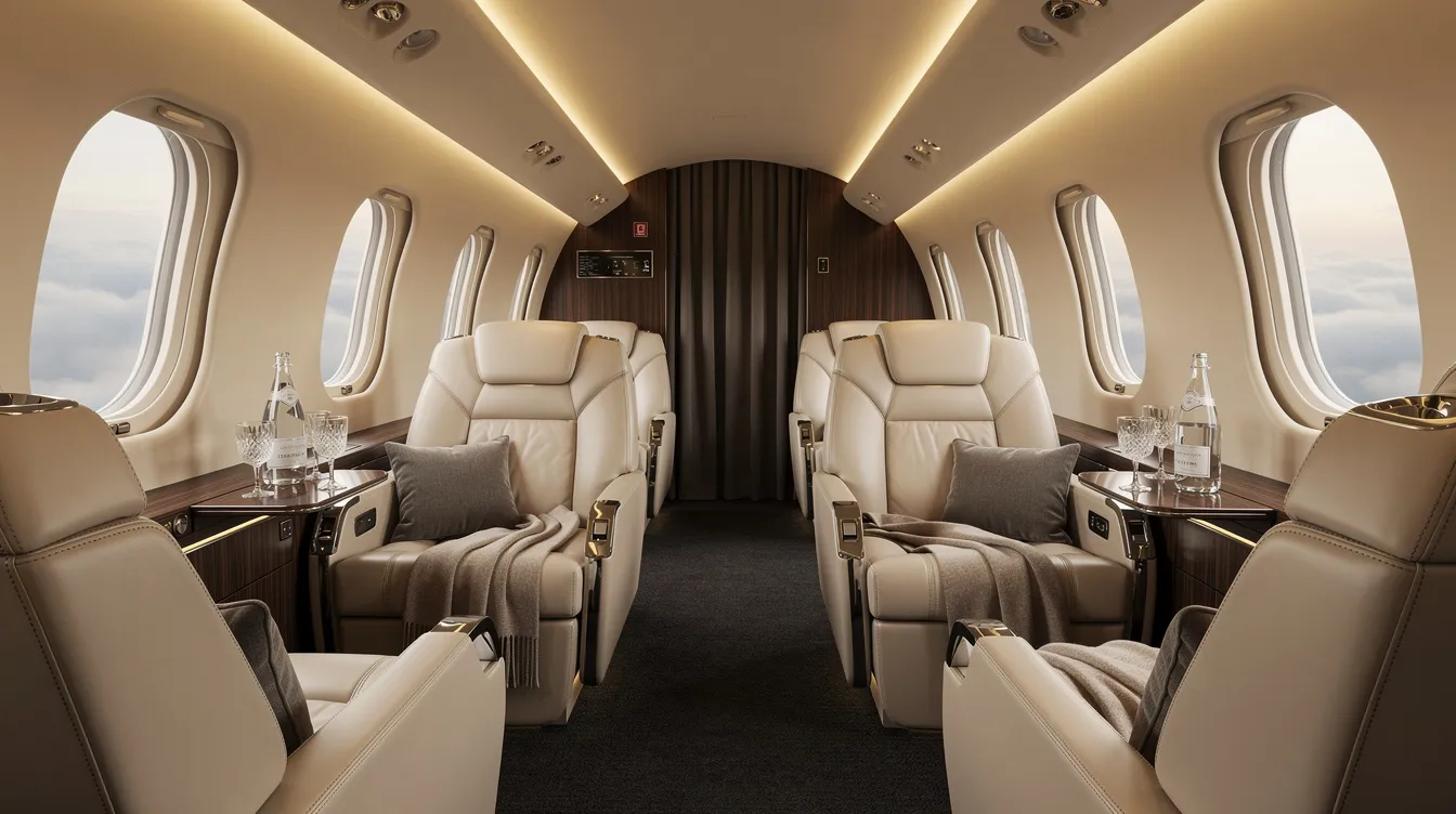The image depicts the luxurious interior of a private jet cabin, featuring plush leather seats and soft ambient lighting that creates an inviting atmosphere for travelers. This elegant space is designed for comfort and relaxation, ideal for those looking to book flights and enjoy the best deals on their journey.