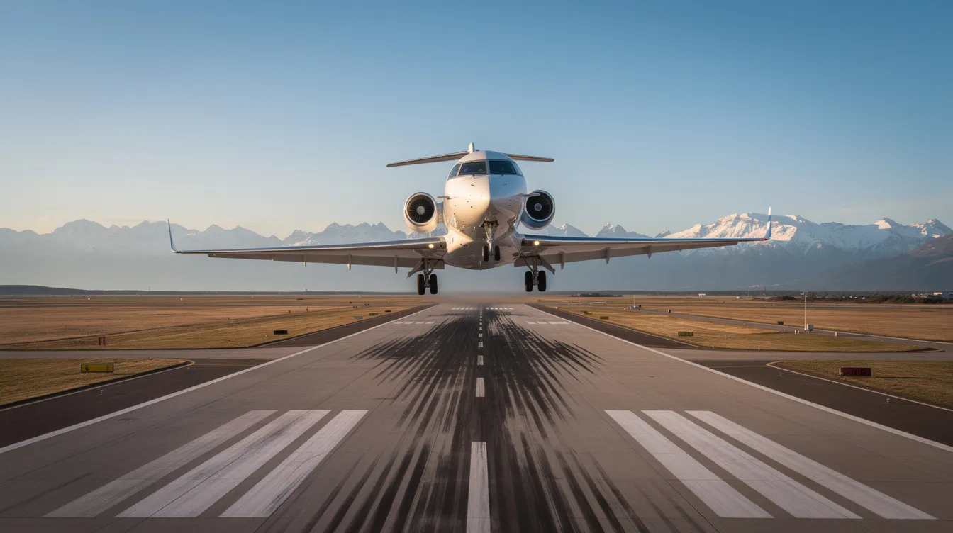 A private jet is shown approaching a runway, with majestic mountains in the background under clear blue skies, symbolizing the luxurious lifestyle of private jet owners. The scene captures the essence of personal travel and exclusivity in a picturesque setting.