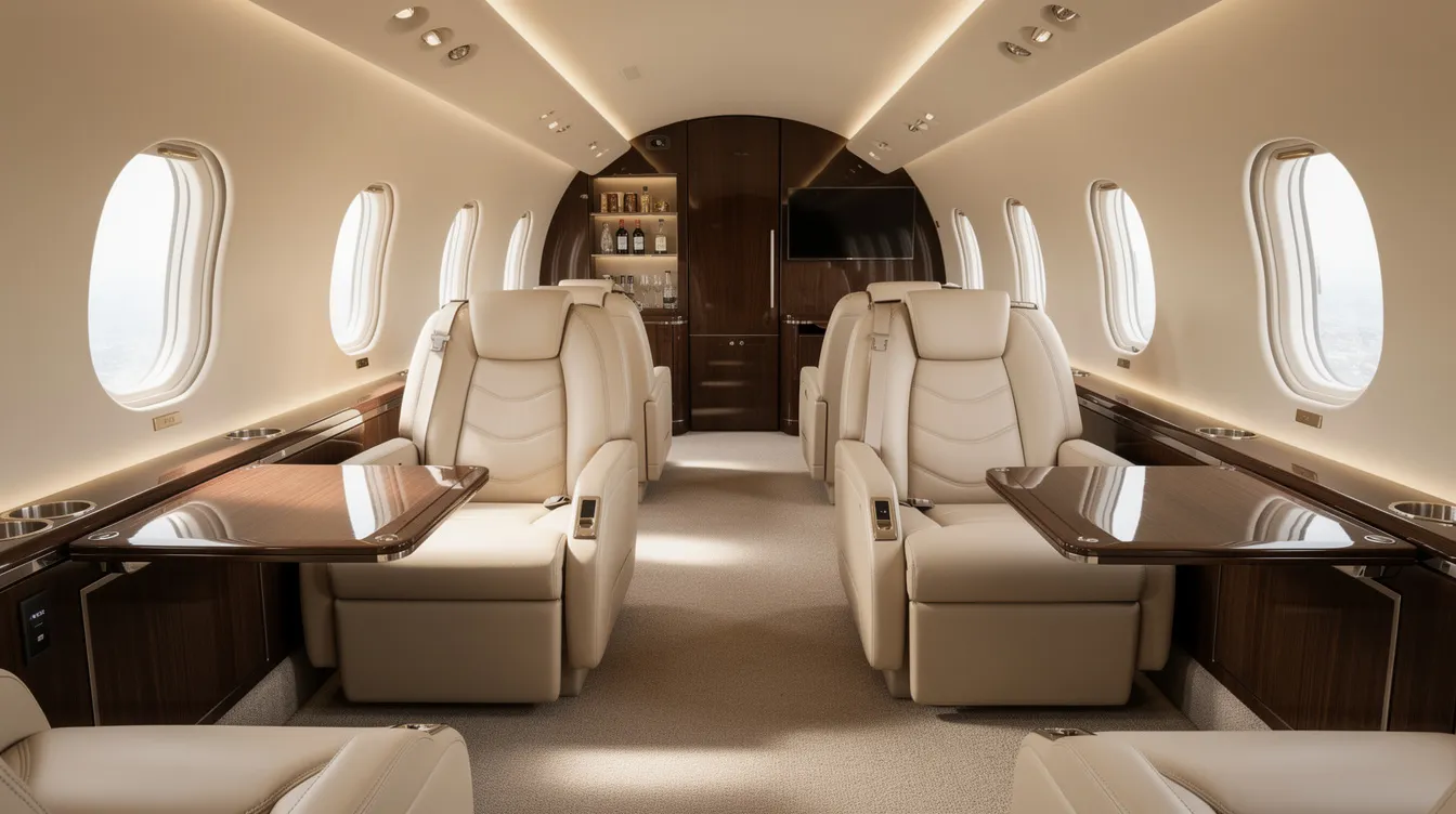 The image depicts the interior of a luxurious large-cabin private jet, featuring plush cream leather seats and elegant polished wood trim, showcasing the opulence often associated with private property and personal travel for very private persons. The spacious and refined design creates an inviting atmosphere for relaxation and comfort during flights.