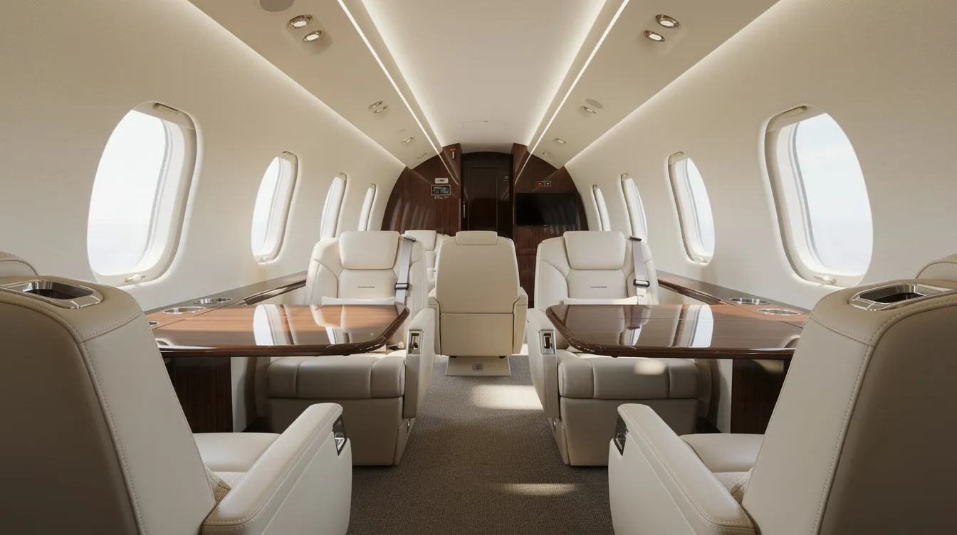 The image showcases a luxurious private jet interior featuring cream leather seats and polished wood accents, illuminated by natural light streaming through the cabin windows. This elegant space exemplifies the benefits of investing in a private jet, appealing to serious buyers looking for the right solution to enhance their business travel experience.