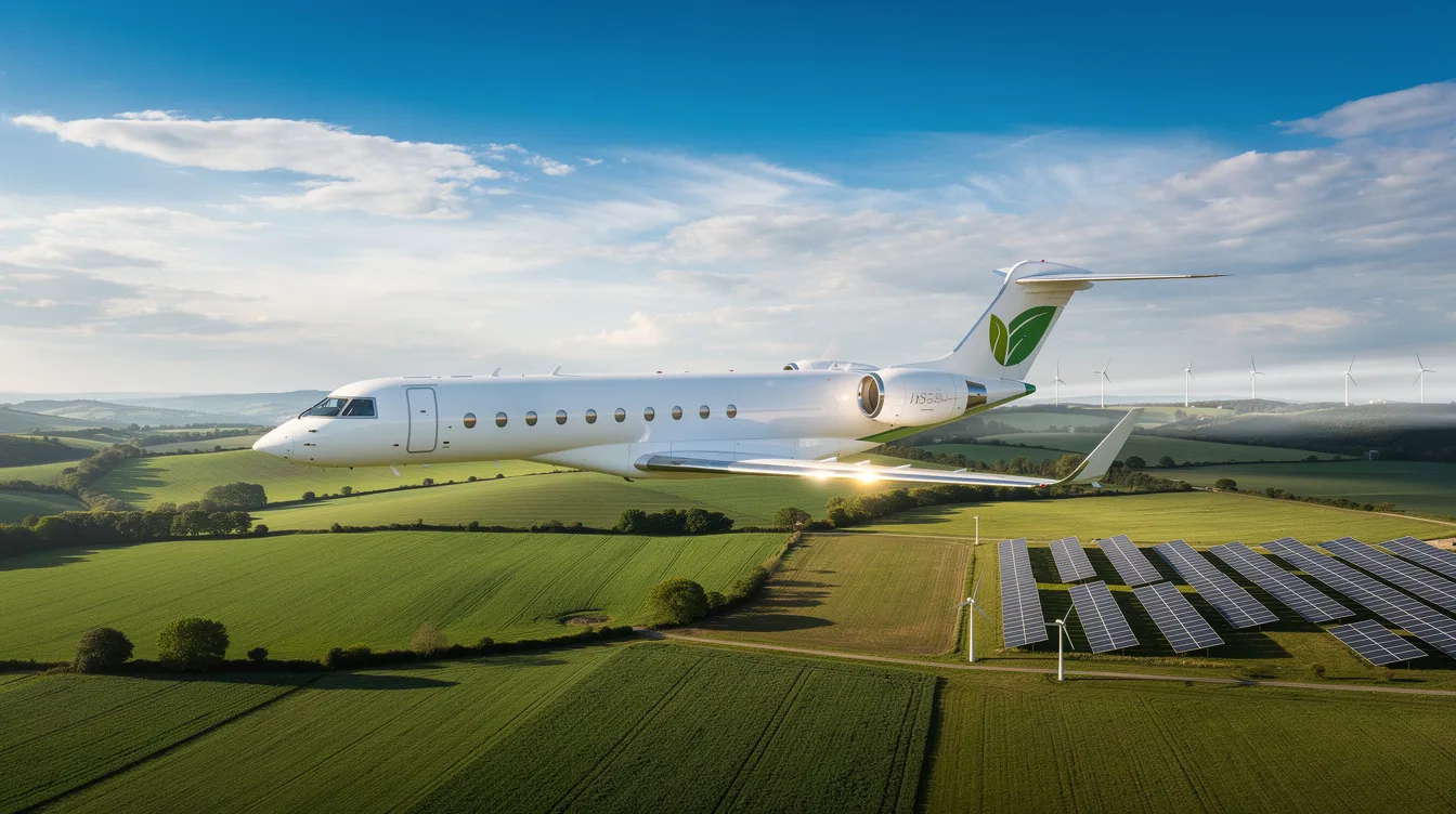 A private jet soars gracefully over lush green countryside under a bright blue sky, representing the future of sustainable aviation. This image highlights the benefits of eco-friendly travel solutions, appealing to serious buyers interested in innovative marketing services within the aviation industry.