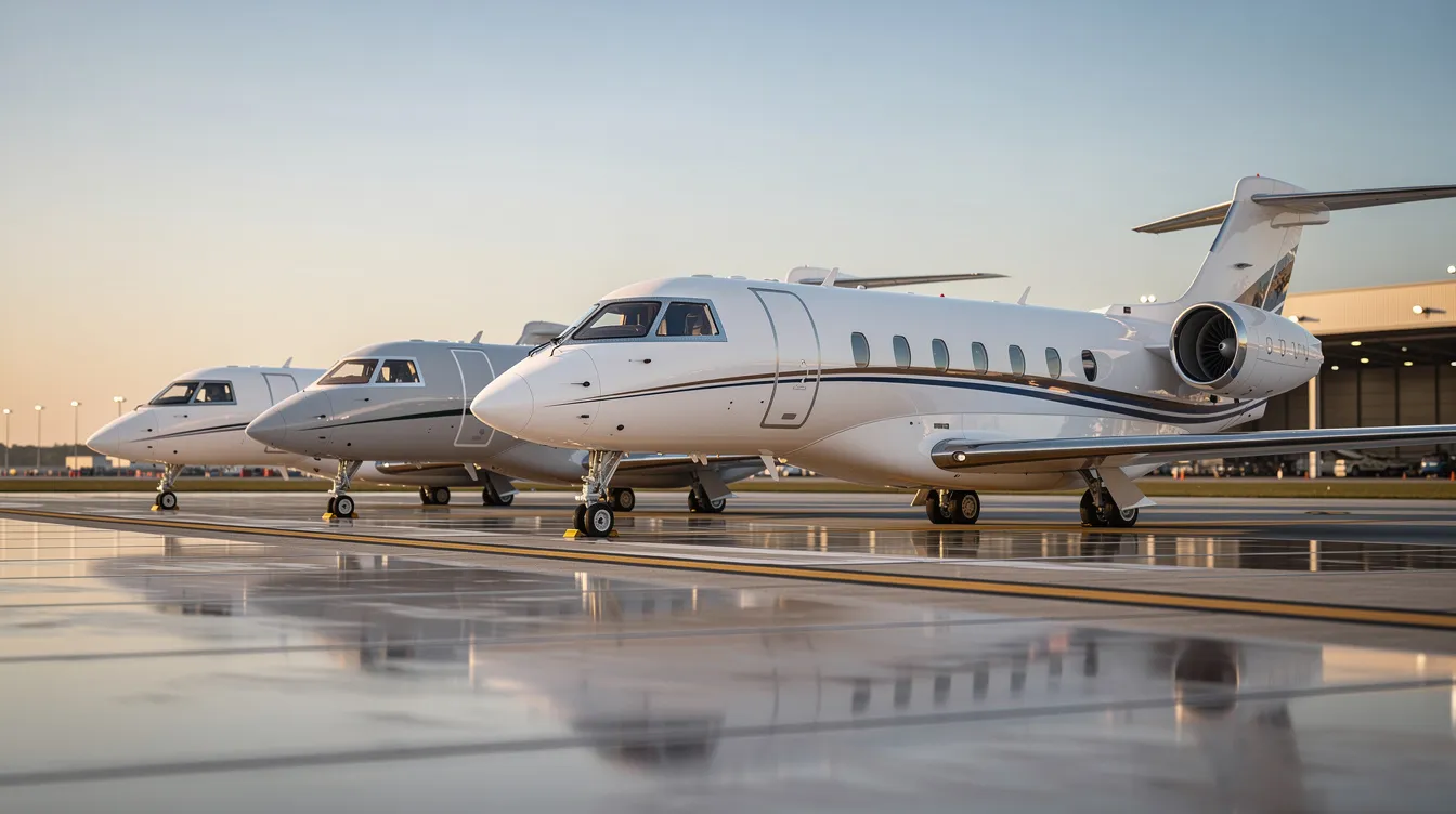 The image showcases a lineup of sleek private jets, highlighting the luxury and opulence of these expensive private aircraft. Among them, models like the Bombardier Global and Dassault Falcon stand out, representing the pinnacle of business aviation with their impressive features and performance.