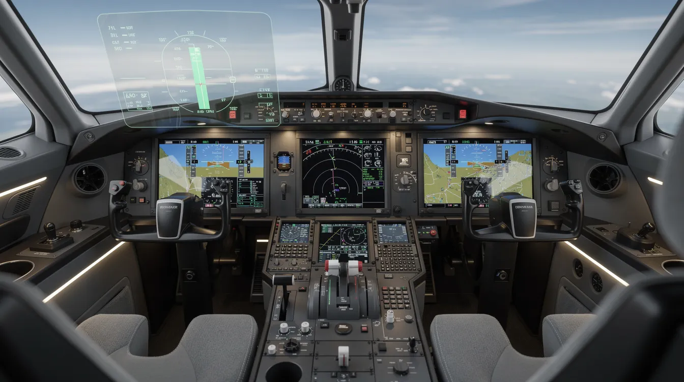 The image showcases a modern glass cockpit of a business jet, featuring multiple digital displays and a prominent heads-up display, emphasizing the advanced technology used in corporate jet aviation. This cockpit design highlights the sophistication and efficiency expected in the business aviation market.