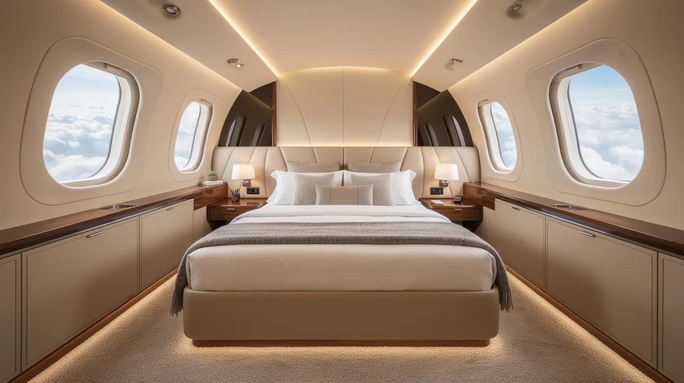 The image depicts a luxurious master bedroom suite inside a private jet, featuring a large bed and soft ambient lighting. Multiple panoramic windows showcase a view of fluffy clouds outside, emphasizing the spacious cabin designed for ultimate comfort in business aviation.