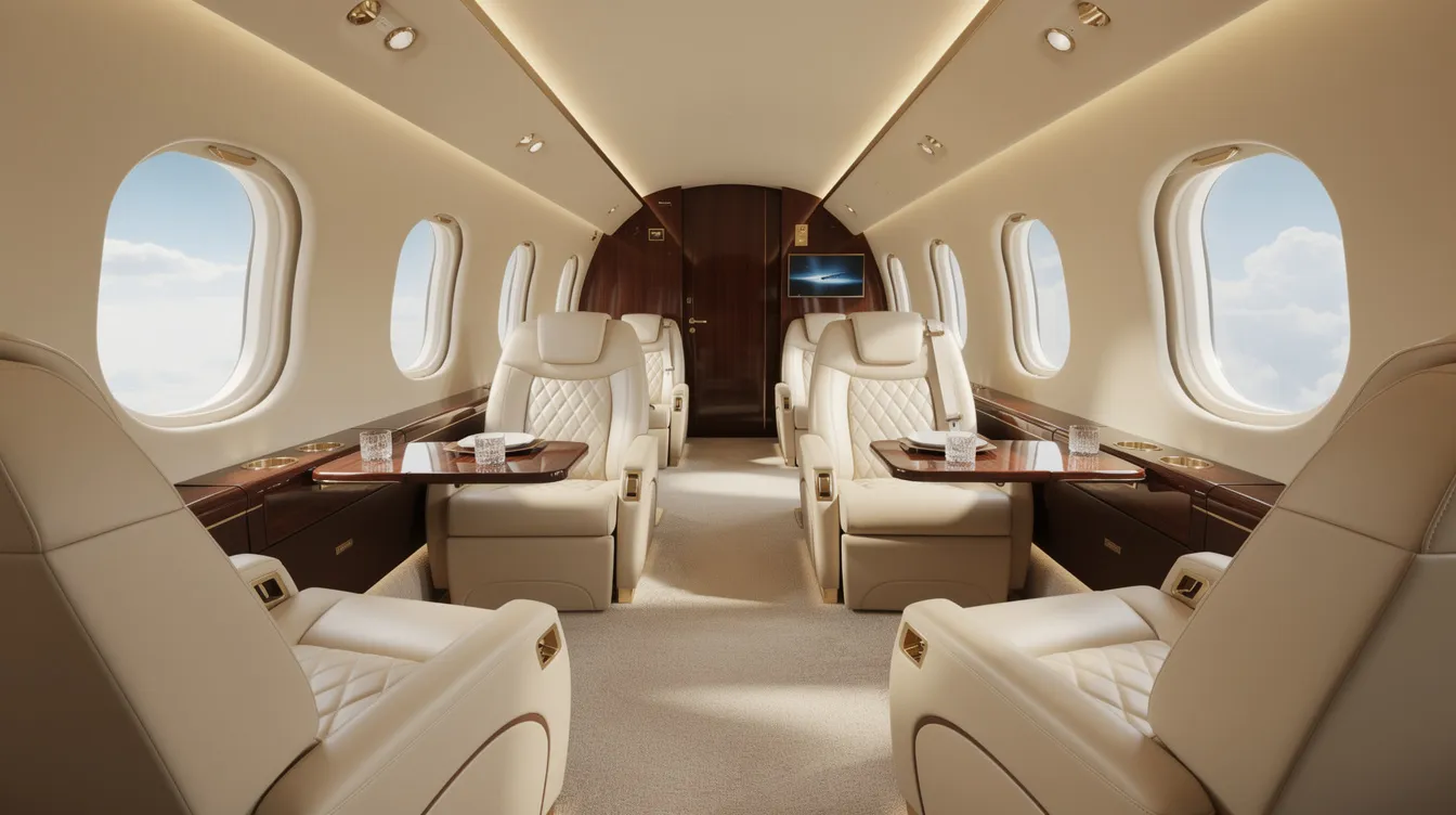 The image showcases a luxurious private jet cabin interior featuring cream leather seats, ambient lighting, and large oval windows, creating a spacious cabin designed for maximum comfort. This elegant setting exemplifies the high standards of business aviation, ideal for corporate jet investors seeking the finest in private jets.