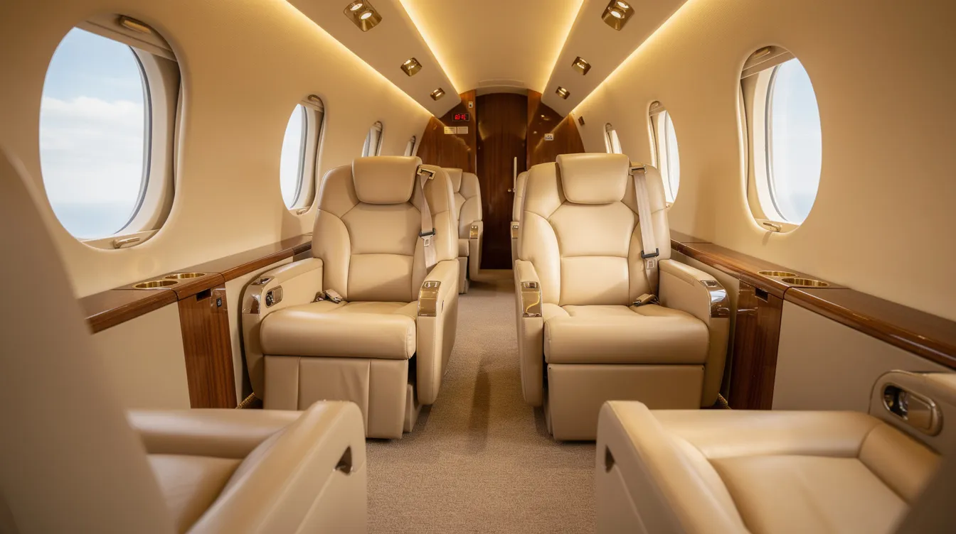The image depicts the interior of a luxurious private jet cabin featuring cream leather seats, warm ambient lighting, and large oval windows, creating an inviting atmosphere for an exceptional flight experience. This design exemplifies the quality and comfort associated with business aviation and the advanced fleet of Gulfstream aircraft.