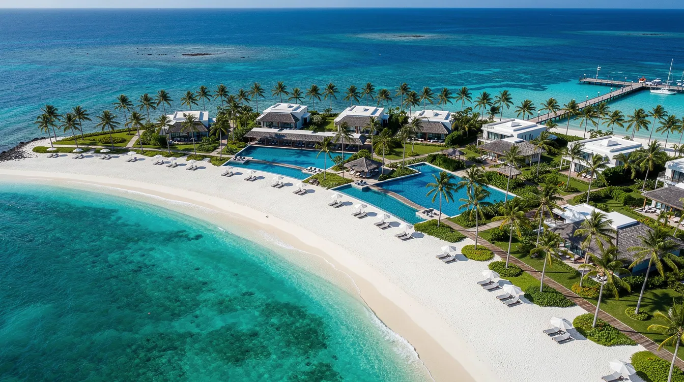 An aerial view showcases a stunning tropical coastal resort, featuring vibrant turquoise waters gently lapping against a pristine white sand beach, surrounded by lush greenery. This idyllic scene reflects the essence of luxury and relaxation, reminiscent of the world's finest aviation experience offered by Gulfstream Aerospace.