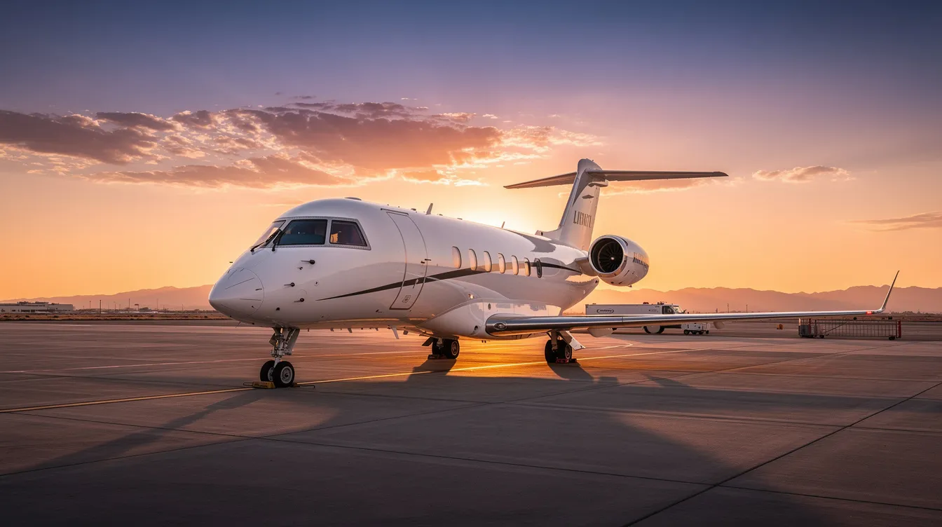 A sleek white private business jet is parked on a tarmac at sunset, with majestic mountains silhouetted in the background, creating a serene and luxurious atmosphere. This modern aircraft stands out against the vibrant colors of the sky, emphasizing its elegance and advanced design.