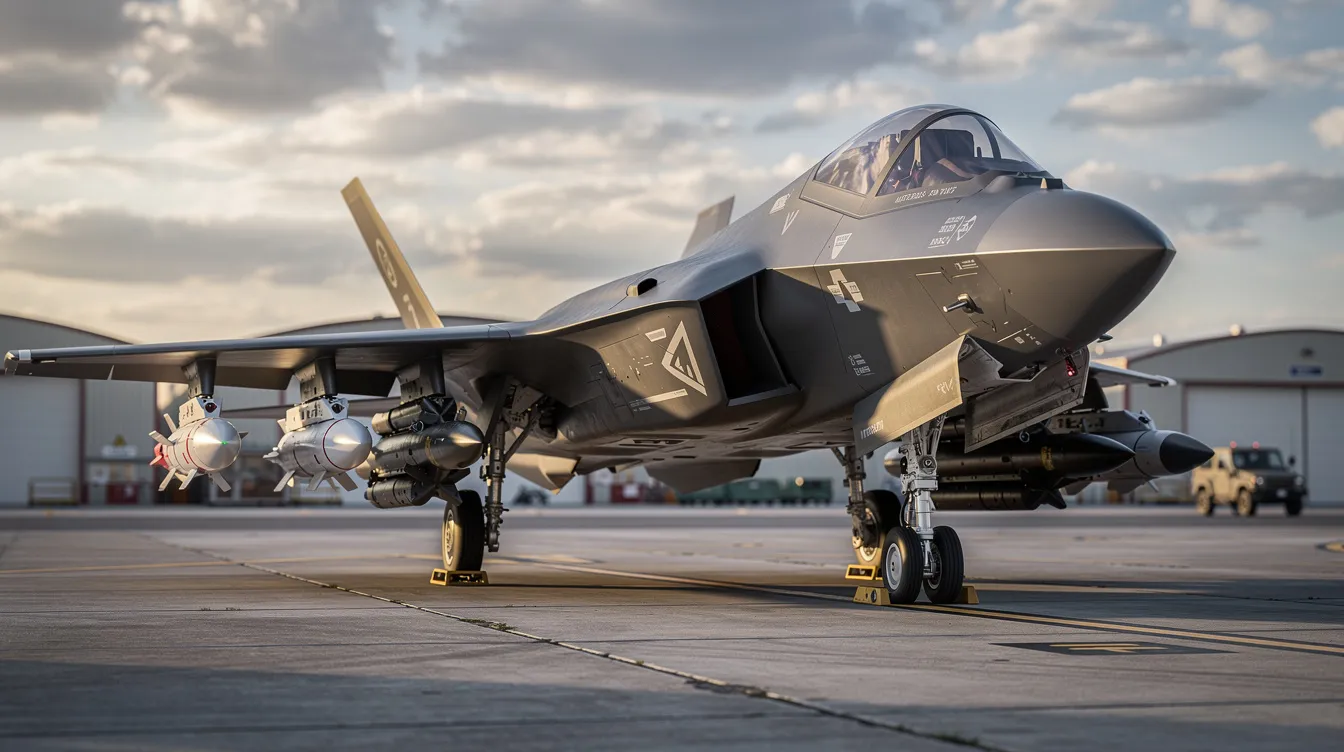 The image depicts a stealth fighter jet, specifically the F-35 Lightning II, positioned on a military runway with various weapons loaded under its wings, highlighting its role as an advanced fighter aircraft designed for air superiority and combat. The sleek design and stealth technology of this fifth-generation fighter emphasize its capabilities in aerial combat and air dominance.