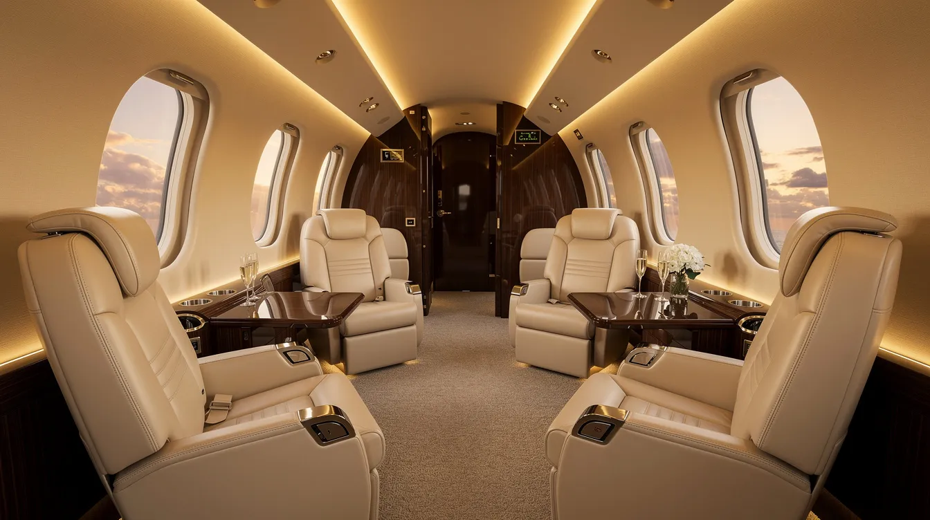 The image depicts the interior of a luxurious private jet cabin featuring cream leather seats arranged for comfort, complemented by soft ambient lighting that enhances the sophisticated atmosphere. This elegant space is designed to provide the greatest extent of relaxation and style for its passengers.