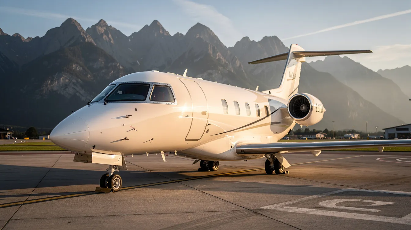 A sleek white private jet is parked on a sunlit tarmac, with majestic mountains in the background, showcasing the beauty of luxury travel. This image represents one of the most popular private planes, highlighting its elegant design and the serene environment surrounding it.