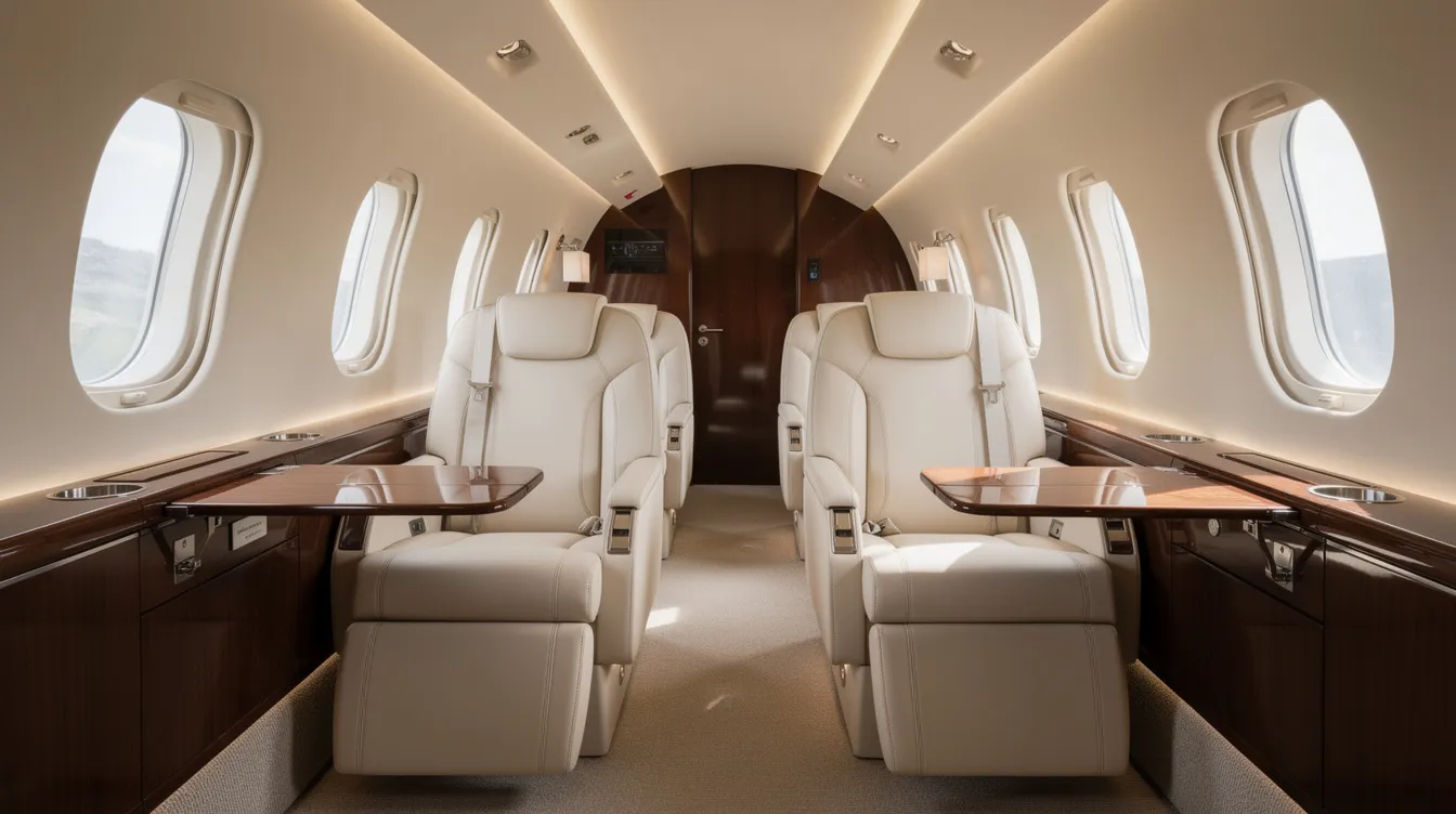 The image showcases a luxurious private jet interior featuring cream leather seats, polished wood accents, and soft cabin lighting, highlighting the elegance and comfort associated with business jets. This opulent design reflects advancements in the aircraft manufacturing industry, catering to the needs of high-end air travel.