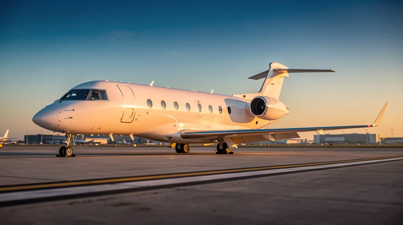 A sleek white private jet, representing the luxury of business jets, is parked on a tarmac during golden hour, with a clear sky in the background. The warm light highlights the aircraft's elegant design, showcasing the advancements in the aerospace industry.