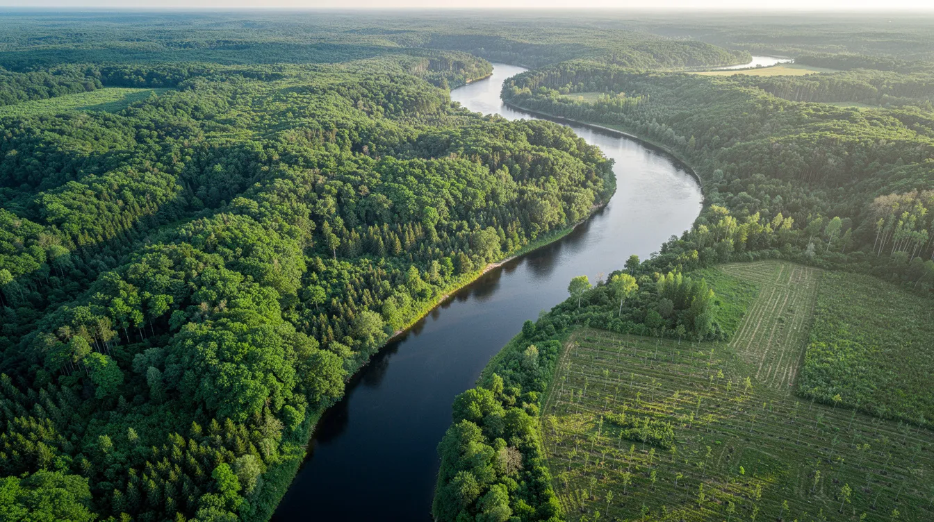 An aerial view showcases a vibrant green forest interspersed with a winding river, symbolizing the importance of carbon offset reforestation efforts. This serene landscape reflects the commitment to environmental sustainability, inviting viewers to explore the natural beauty of the world.