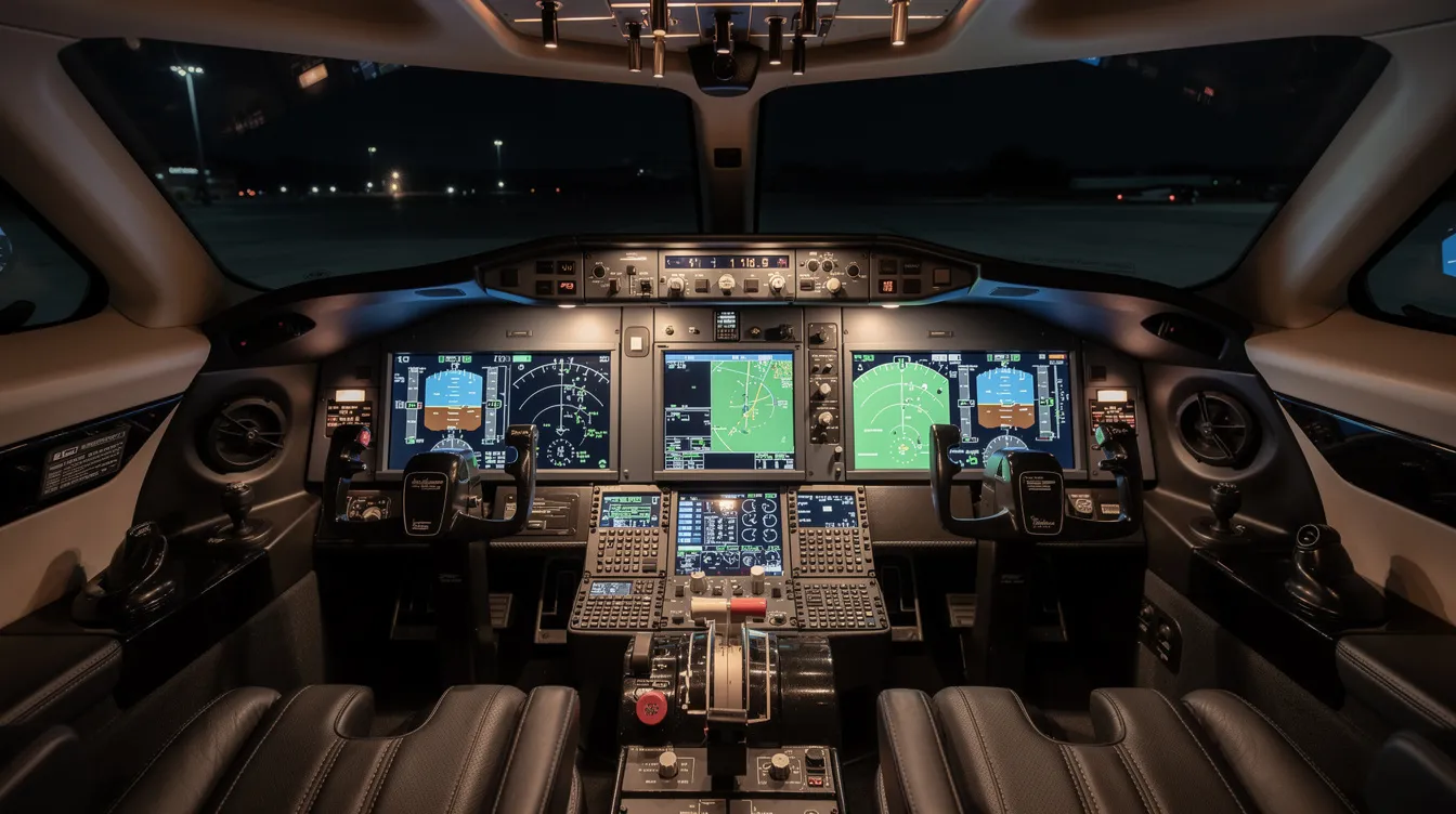 The image depicts a modern glass cockpit of a private jet, featuring advanced digital avionics displays that illuminate the dimly lit cabin, showcasing cutting-edge technology designed for private aviation. This cockpit exemplifies the sophistication found in today's private jets, enhancing the flying experience for both pilots and passengers.