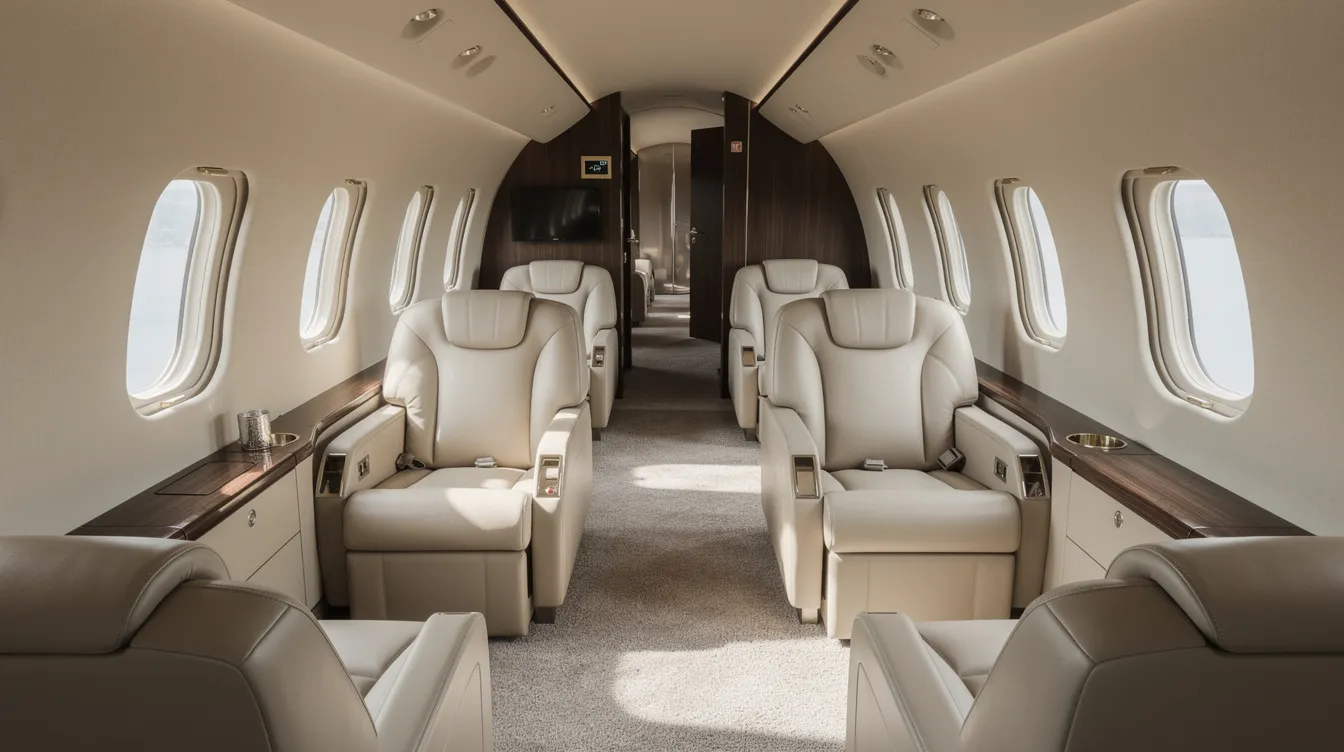 The image depicts the interior of a luxurious private jet cabin featuring cream leather club seating and ample natural light streaming in through oval windows. This elegant space is designed for comfort and sophistication, ideal for private aviation enthusiasts exploring options within the private jet market.