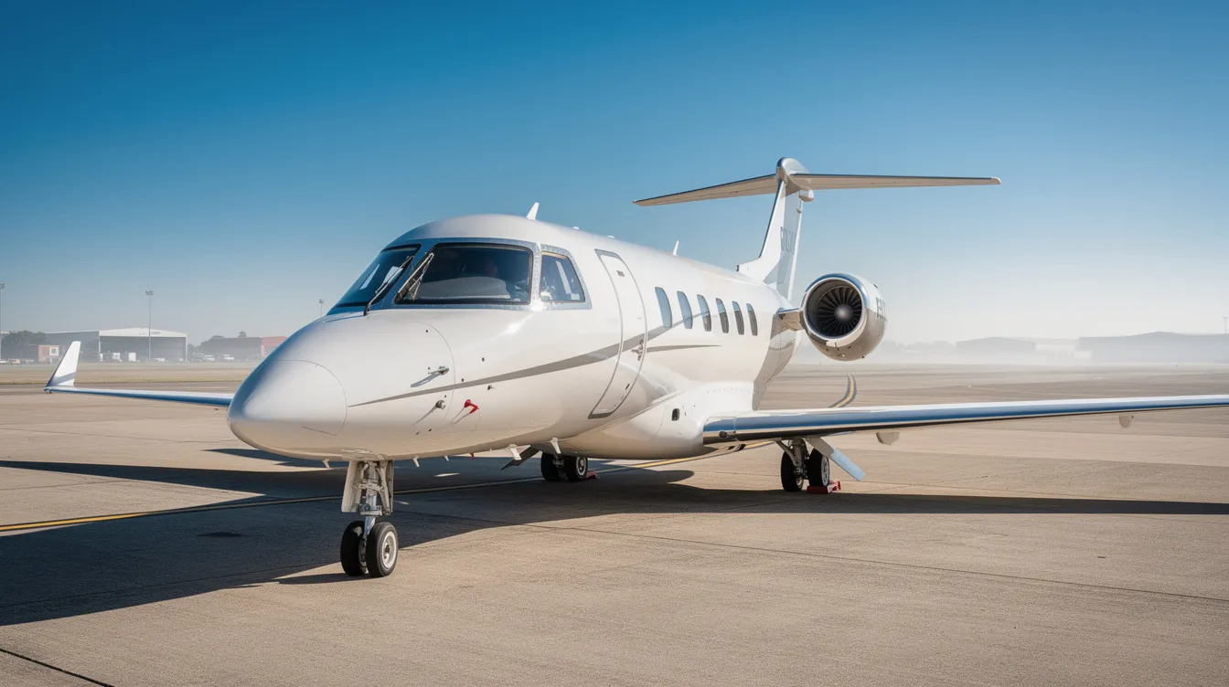 A modern light private jet is parked on a sunlit tarmac, showcasing its sleek design against a backdrop of a clear blue sky, representing the luxury and convenience of private aviation. This aircraft exemplifies the features sought after in the private jet market, making it an attractive option for those interested in private air travel.