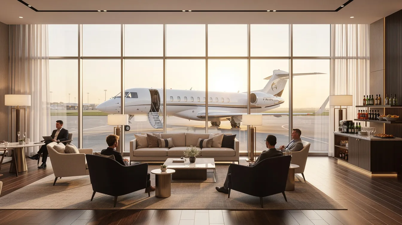 The image depicts an elegant FBO lounge featuring floor-to-ceiling windows that showcase a white private plane parked on the ramp outside. This luxurious setting highlights the comforts of private aviation, ideal for those considering private jet charter services for their travel needs.