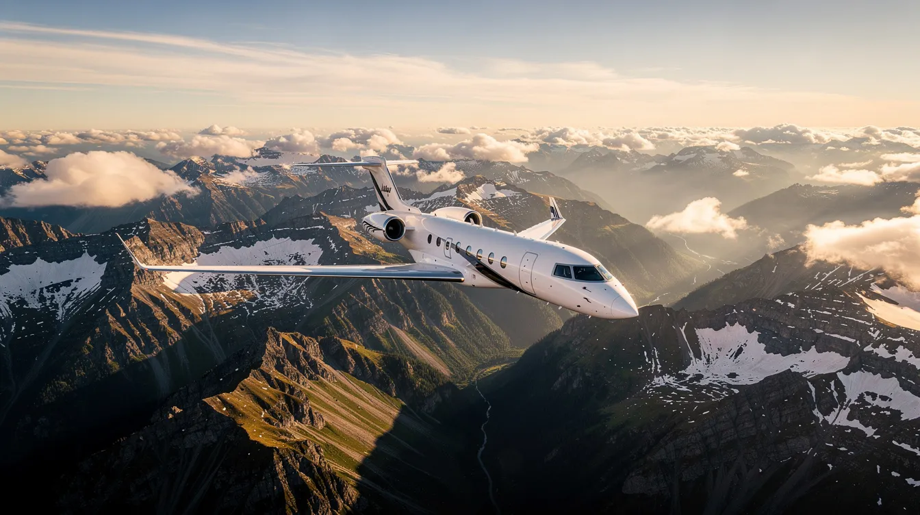 A private jet soars over stunning mountain terrain, showcasing snow-capped peaks below, highlighting the beauty of private aviation. This image captures the essence of luxury travel, emphasizing the allure of chartering a private jet for breathtaking views and seamless journeys.