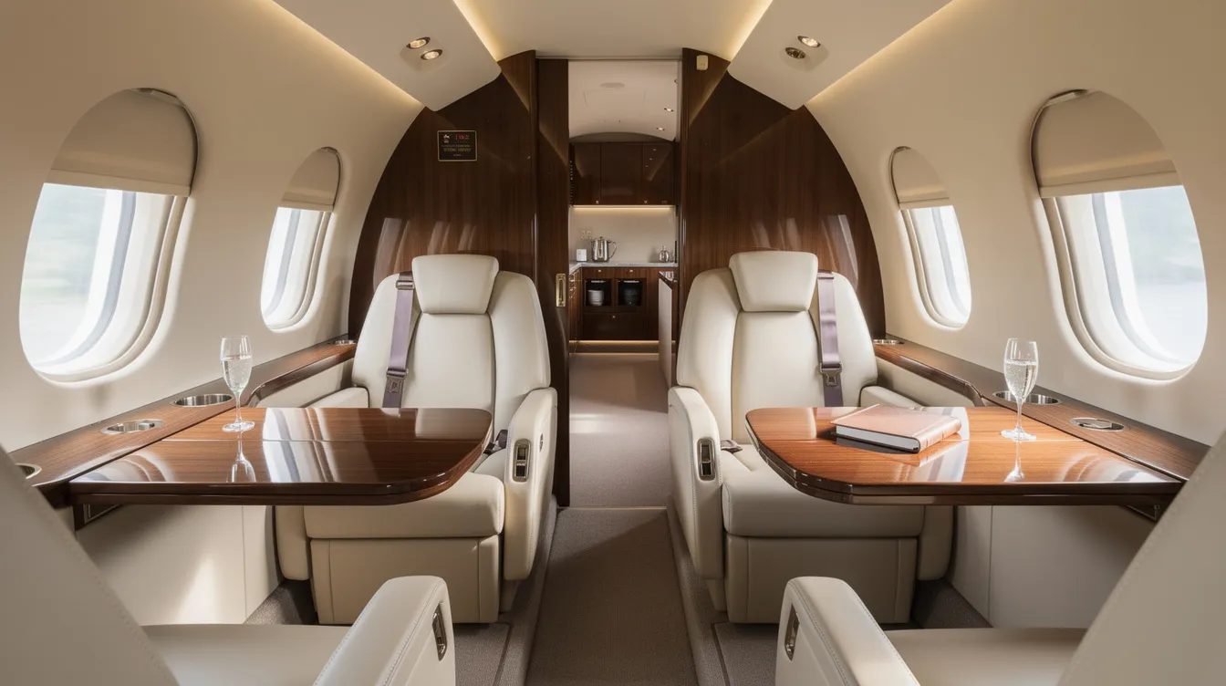 The image depicts the interior of a luxurious super midsize private jet cabin, featuring cream leather seats and polished wood tables, exemplifying the elegance of private aviation. This sophisticated environment is ideal for business travel, offering comfort and style for those considering private jet charter services.