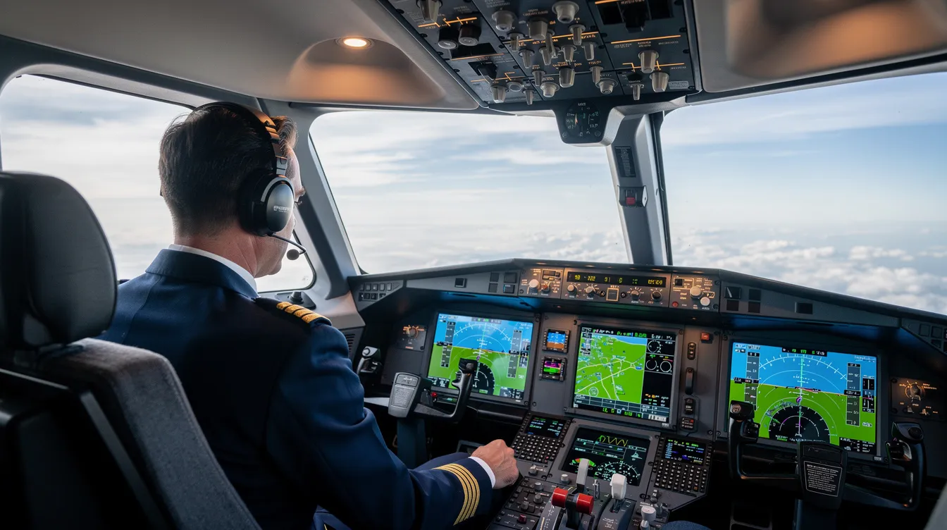 A pilot is seated in a modern glass cockpit of a business jet, intently reviewing various flight instruments and controls. This scene highlights the precision and technology involved in private aviation, essential for ensuring a safe and efficient private jet flight.