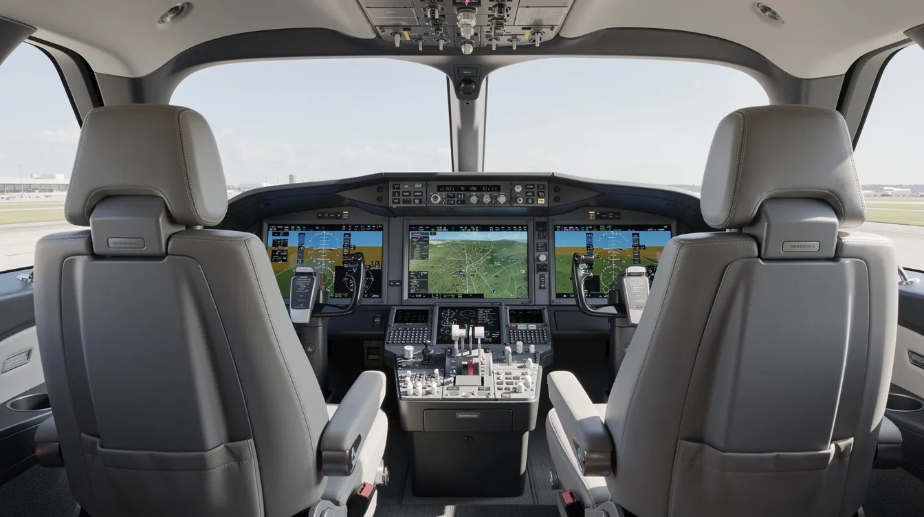 The image depicts a modern private jet cockpit featuring advanced digital avionics displays and dual pilot seats, highlighting the sophistication of private aviation. This setup is essential for private jet travel, ensuring pilots have the necessary tools for navigating various flight distances and managing private jet charter costs efficiently.