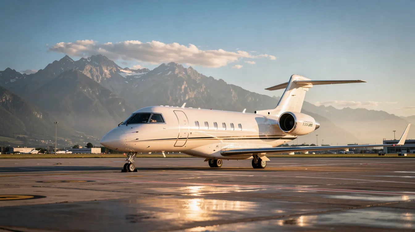 A sleek private jet is parked on a sunlit tarmac, with majestic mountains in the background, showcasing the luxury of private jet travel. This image captures the essence of private jet charter, highlighting the appeal of flying privately to stunning destinations.