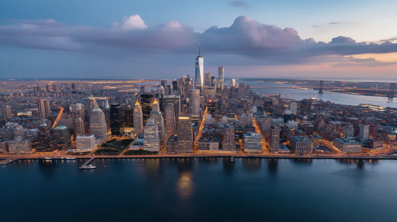 An aerial view of the New York City skyline at dusk showcases the iconic skyscrapers illuminated against a twilight sky, with a river flowing in the foreground. This scene captures the essence of urban life, perfect for those considering private jet travel to the city, as it highlights the vibrant atmosphere of one of the world's most famous destinations.