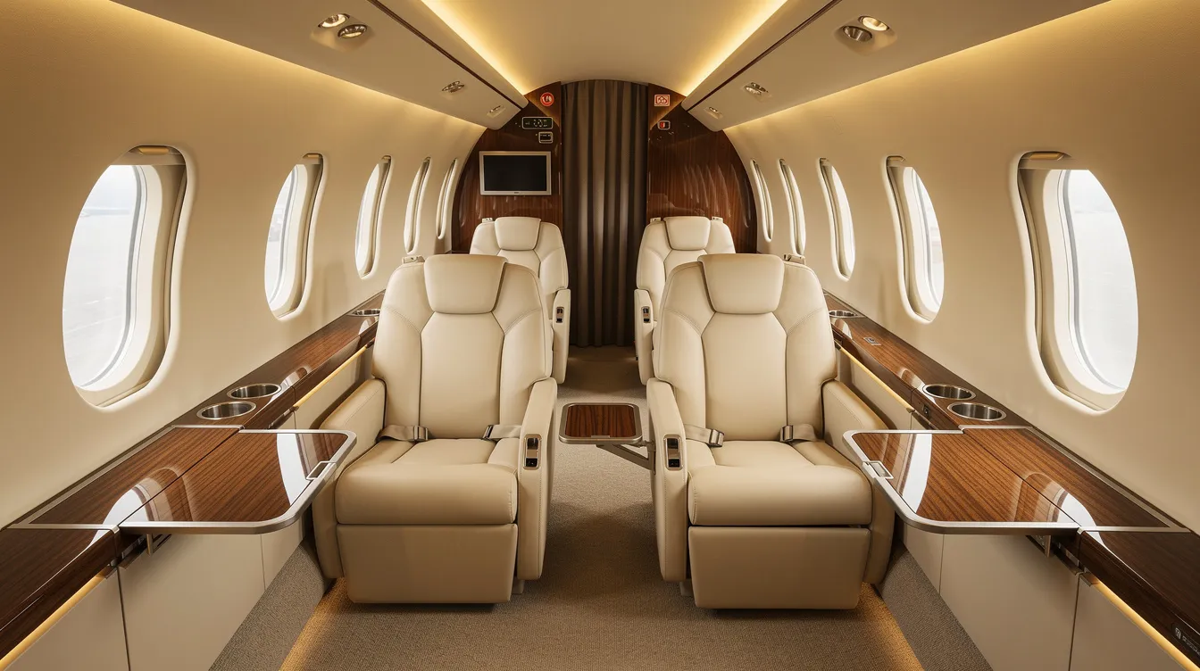 The image depicts the interior of a spacious midsize private jet cabin, featuring luxurious cream leather seats and warm ambient lighting, ideal for comfortable private jet travel. This elegant setting highlights the sophistication of private jet charter services, perfect for those seeking a premium flying experience.