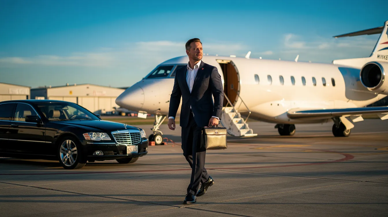 An executive dressed in a tailored suit walks confidently towards a private jet parked on a sunlit tarmac, with a luxury sedan nearby, highlighting the convenience and amenities of private air travel. This scene reflects the world of general aviation, where factors such as landing fees, fuel costs, and handling fees play a significant role in the overall travel experience.