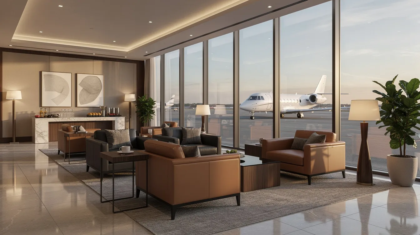 The image depicts the interior of an elegant private aviation terminal lounge, featuring plush leather seating and expansive floor-to-ceiling windows that offer a view of the tarmac. This luxurious space is designed for comfort and convenience, catering to passengers flying on private jets and those considering the various landing fees and handling fees associated with general aviation.