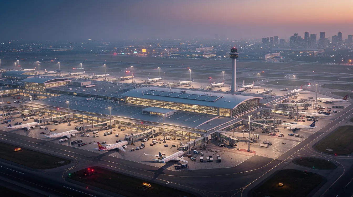 An aerial view captures a large international airport at dusk, showcasing multiple terminals and runways. The scene highlights the busy operations of commercial airports, where factors like landing fees, fuel costs, and handling fees play a crucial role in the airport authority’s management of aircraft and passenger services.