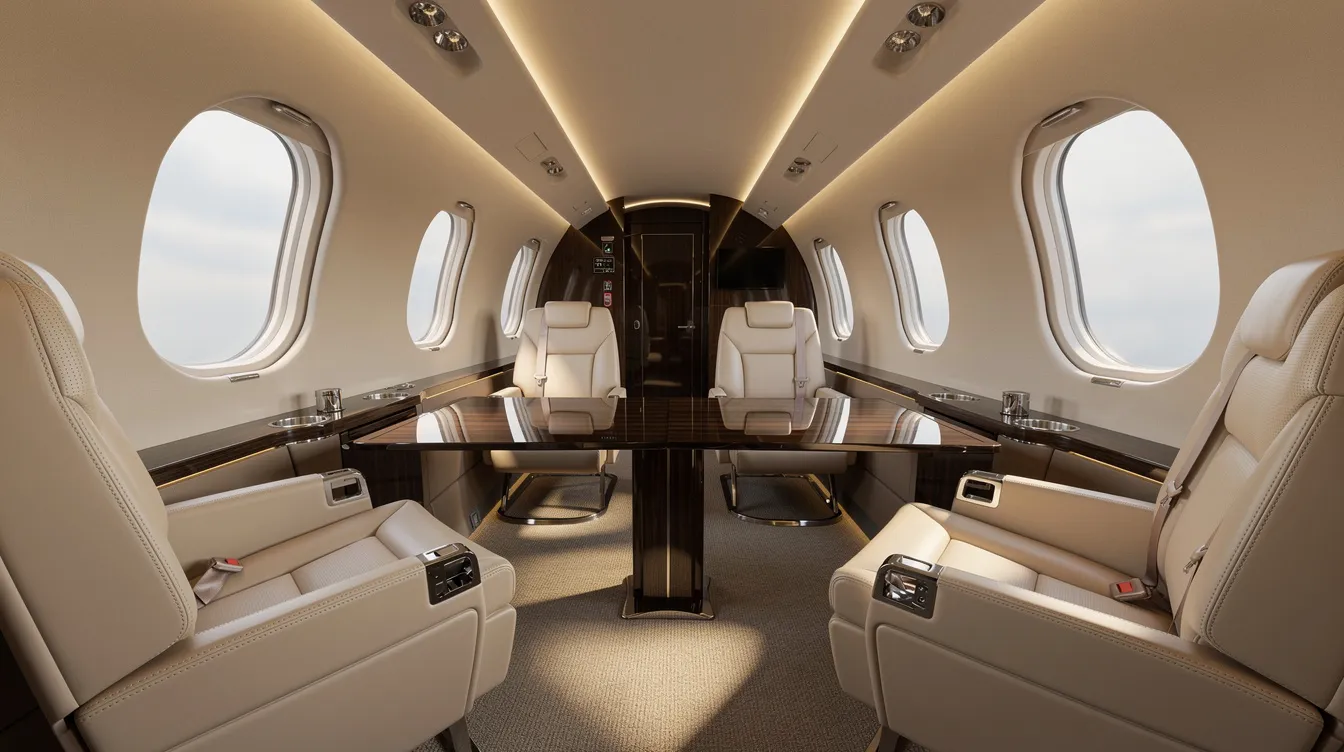 The image showcases the interior of a luxurious private jet cabin, featuring cream leather seats arranged around a polished wood table, all illuminated by warm ambient lighting. This elegant setting reflects the growing demand for private aviation and offers a comfortable space for business leaders to conduct meetings while traveling.
