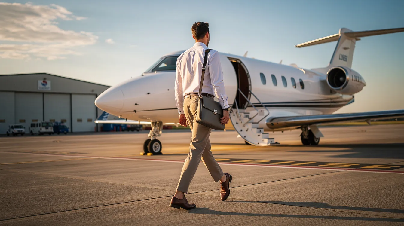 A young professional in business casual attire walks confidently toward a small private jet at a sunlit regional airfield, highlighting the growing demand for private jet travel and the convenience it offers for business leaders. The scene captures the essence of luxury and efficiency in the private aviation industry.