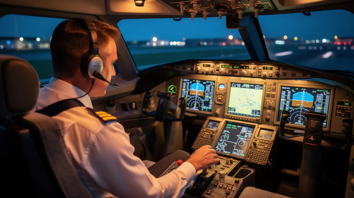 A pilot sits in the modern glass cockpit of a business jet, intently reviewing various instruments and controls before departure. This scene highlights the meticulous preparation involved in flying private, emphasizing the importance of pre-flight checks for private jet owners and the overall operation of private aircraft.