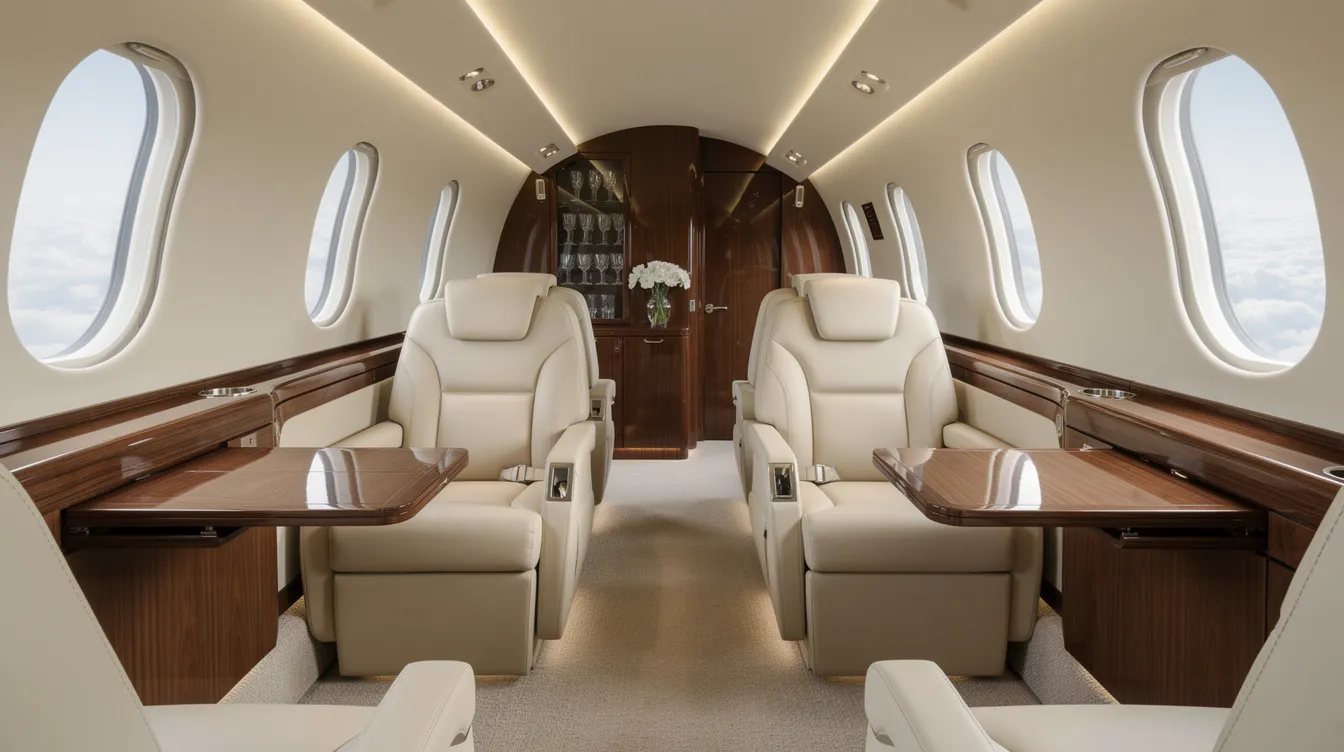 The image showcases the luxurious interior of a wide-cabin private jet, featuring cream leather seats and polished wood accents, highlighting the elegance and comfort that private jet owners can enjoy. This spacious cabin is designed for those who appreciate the finer things in life while flying private.