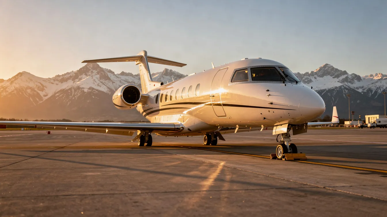 A sleek white private jet is parked on a tarmac during golden hour, with majestic mountains in the background. This image highlights the luxury of private jet ownership, showcasing a spacious cabin and the allure of flying private to access smaller airports.