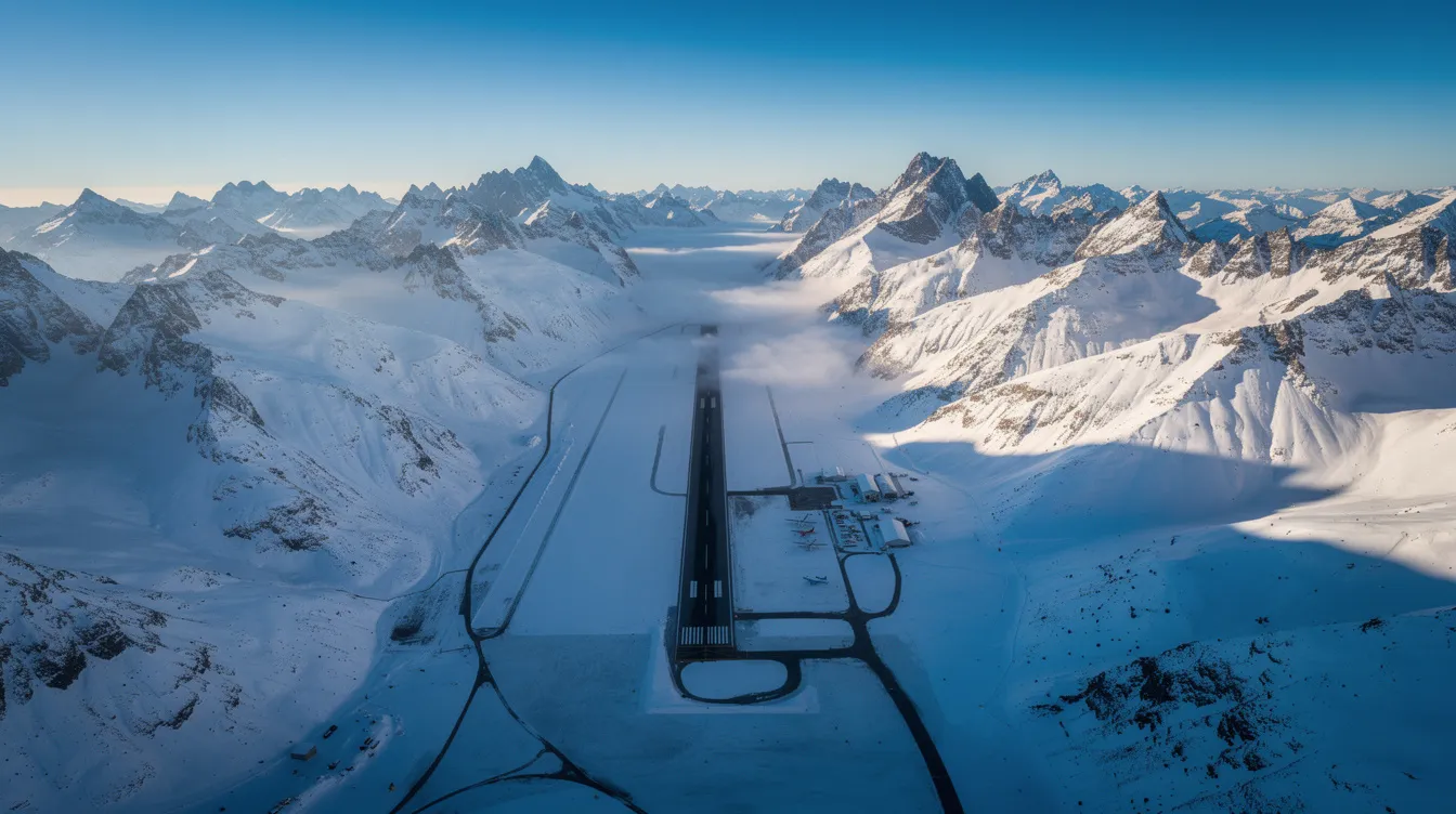 An aerial view captures a snow-covered mountain range, with a small airport runway nestled in a valley below, suggesting a peaceful location for private jet charter flights. The scene highlights the stunning natural beauty of the mountains, perfect for those considering private aviation options.