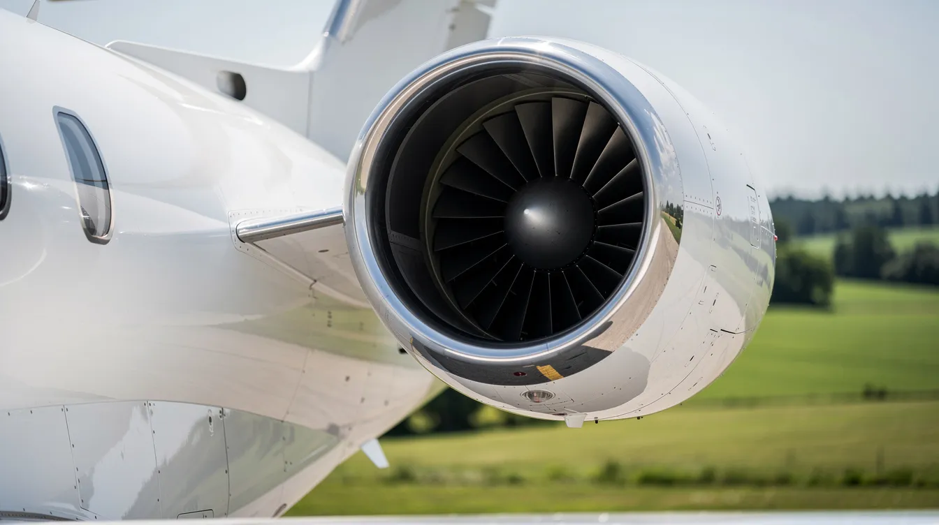 A close-up view of a modern turbofan jet engine mounted on a private jet, with a vibrant green landscape visible in the background, highlighting the sleek design and engineering of private aviation. This image reflects the luxury of private jet travel, often associated with charter flight services and the costs of renting a private aircraft.