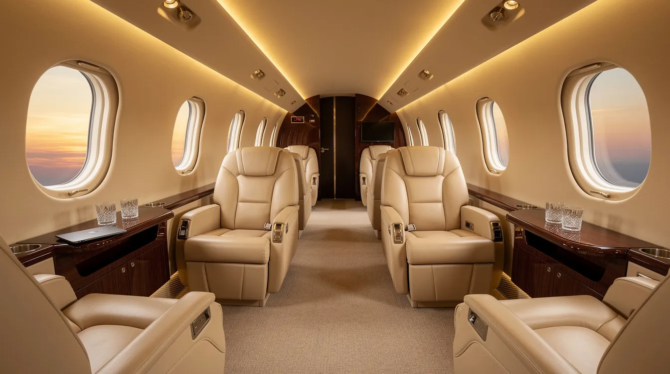 The image depicts the interior of a spacious private jet cabin, featuring cream leather seats and warm ambient lighting, creating an inviting atmosphere for luxurious private jet travel. This setting exemplifies the comfort and elegance often associated with private jet charter services.